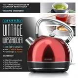 Arendo Retro Wasserkocher Edelstahl, Vintage Style, 1,7 L, 2200 W, austauschbarer Kalkfilter, automatische Abschaltung, Rot