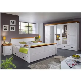 Lomadox Schlafzimmer-Set SAVONA-69, (Spar-Set, 4-tlg), Kiefer massiv weiß mit honigfarben, Bett, Schrank, Nachtkonsole weiß
