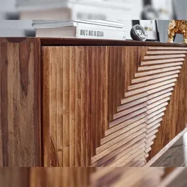 FineBuy Sideboard 150cm Sheesham Kommode mit 3 Türen Retro Design Metall schwarz