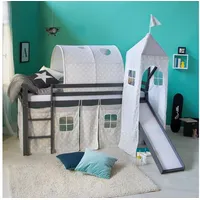 Homestyle4u Hochbett 90 x 200 cm Kiefer massiv grau mit Rutsche und Vorhang Sterne