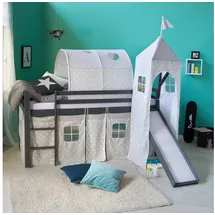 Homestyle4u Hochbett 90 x 200 cm Kiefer massiv grau mit Rutsche und Vorhang Sterne