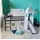 Homestyle4u Hochbett 90 x 200 cm Kiefer massiv grau mit Rutsche und Vorhang Sterne