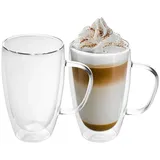 Intirilife 2x Doppelwandige Thermo Gläser Set -400-500ml- Mundgeblasen isoliert für Espresso Cappuccino, Teegläser Kaffeegläser Latte Macchiato Tassen, Schwebeeffekt mit Henkel