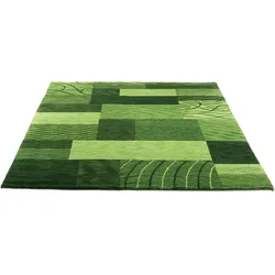 Wollteppich THEKO "Domas 4028", grün, B:70cm H:12mm L:140cm, Schurwolle, Teppiche, Kurzflor, reine Wolle, handgeknüpft, modernes Patchwork Design