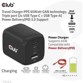 Club 3D Reise Ladegerät PPS 65W GAN, USB Typ-C/Typ-A Power Delivery (PD) 3.0