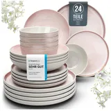 PURE LIVING INTERIOR DESIGN Steingut Geschirrset 6 Personen Ibiza 24 tlg. TESTSIEGER, Traumhaftes Mediterranes Steingut Geschirr Set, Schüssel- und Teller Set, Tafelservice 6 Personen, Geschirrsets Pure Living in Rose