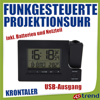 KRONTALER Funkgesteuerte Projektionsuhr Digitale Anzeige USB-Ausgang Schwarz