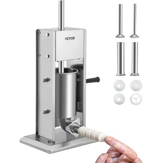 Vevor Manueller Wurstfüller Wurstfüllmaschine 3 L, Edelstahl + Aluminium Professionelle Silberne Wurstmaschine inkl. 37 / 21/15 mm Füllrohre, 2-Gang-Getriebe Vertikale Wurstpresse Handkurbel