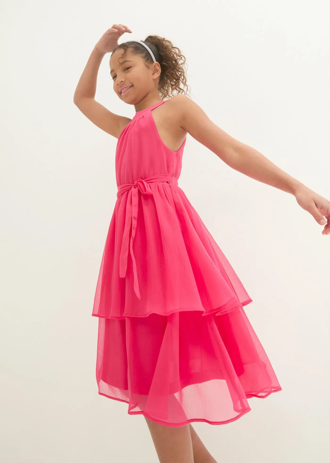 Midikleid BONPRIX, Mädchen, Gr. 158, N-Gr, dunkelpink, Obermaterial: 100% Polyester. Futter: 100% Polyester, festlich, regular fit, Kleider Midikleid, ärmelloses Design, elastische Taille, mit separatem Gürtel, Volantrock