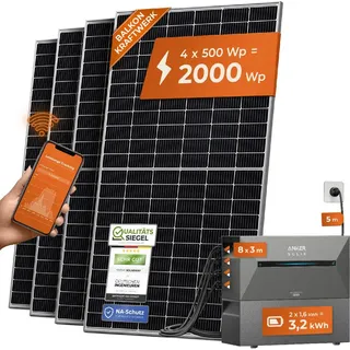 solarway All In One Balkonkraftwerk 2000W komplett mit 3,2 kWh Anker 2 PRO Speicher - Solaranlage Komplettset - 500W Solarmodule