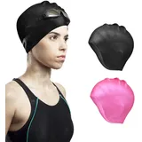 2 Stück Badekappe Anti Rutsch wasserdichte Badekappe Schwimmkappe Silikonabdeckung Ohren Badekappen wasserdichte Silikon Unisex Silikon Badekappen Ohrenschutz Halten Sie das Haar Sauber Schwarz+Pink