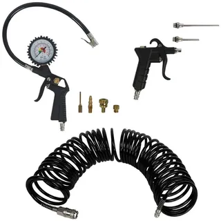 siwitec Kompressor Zubehör-Set: 5 m Druckluftschlauch, Druckluftpistole mit zwei Verlängerungen (6 und 10 cm) und Reifendruckprüfer bis max 12 bar mit vier Adaptern | Druckluftwerkzeug