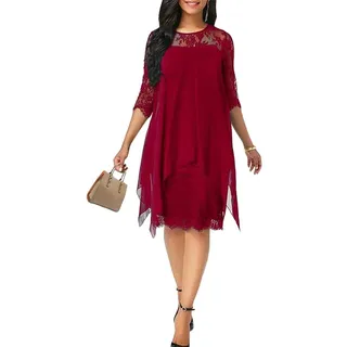ORANDESIGNE Damen Spitzenkleid 3/4 Ärmel Cocktailkleid Festliche Ballkleid Brautjungfernkleider Für Hochzeit Knielang Abendkleider Rot L - L