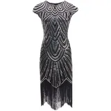 shoperama 20er Jahre Charleston Kleid Pailletten Fransen Flapper Gatsby 20's Fransenkleid Damen-Kostüm, Größe:XL, Farbe:Schwarz/Silber