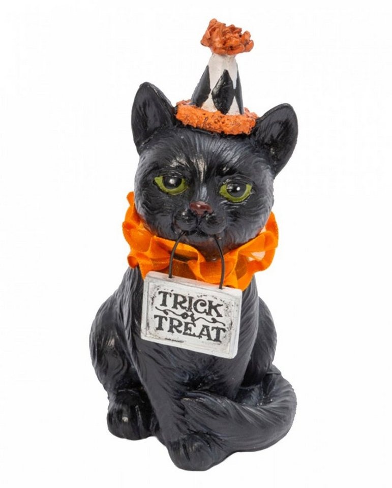 Horror-Shop Dekofigur Halloween Clowns Katze mit Trick or Treat Schild a grün|orange|schwarz|weiß