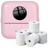 NK Tragbarer Fotodrucker mit 5 Thermopapierrollen – Mini kabelloser mobiler Thermodrucker, USB-Kabel, kompatibel mit iOS und Android, Pink