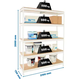 Proregal Schwerlastregal Wood Beast Five HxBxT 200x210x75cm | Fachlast 500kg | Weiß