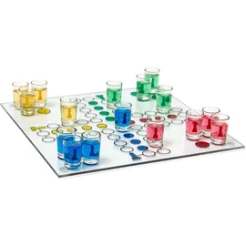 Relaxdays Drinking Ludo Spiel Partyspiel 2 Würfel & 16 Shotgläser bunt Grau/Silber/Metallic