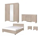 Deine Möbel 24 Schlafzimmer-Set CASPAR Komplettschlafzimmer Kleiderschrank 150 cm breit, (Kleiderschrank mit Spiegeltüren, 2x Nachttisch, Doppelbett 160x200, optional Kommode und Matratze, 6-tlg., Set), 5-teilig, Kommode optional, Weiß oder Sonoma, Spiegel, viel Stauraum beige 586 cm x 201 cm x 206 cm
