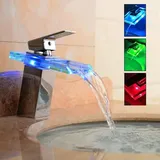 Elektrischer Wasserhahn, Beleuchteter Glas LED Wasserfall Wasserhahn Bad Armatur Mischbatterie mit 3 Farbewechsel Beleuchtung Hahn Badezimmer