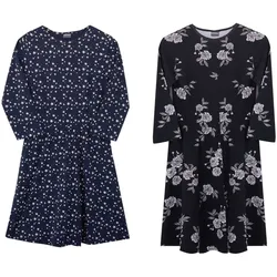 KIDSWORLD Kinder Sommer-Kleid für Mädchen Baumwoll-Kleid mit Allover-Blumen und Sternen-Print Sommer-Kleid Schwarz oder Dunkelblau - 140/146