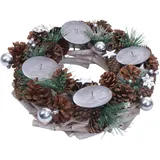 Mendler Adventskranz HWC-M15, Adventsgesteck Tischkranz Weihnachtsdeko Tischdeko, Holz MVG Silber Ø 32cm - ohne Kerzen