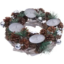Mendler Adventskranz HWC-M15, Adventsgesteck Tischkranz Weihnachtsdeko Tischdeko, Holz MVG Silber Ø 32cm - ohne Kerzen
