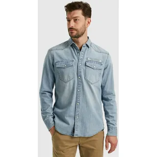 Jeanshemd PME LEGEND "Long Sleeve Shirt Bleach Indigo denim", Herren, Gr. XL, N-Gr, blau (bleach denim), Web, Obermaterial: 100% Baumwolle, unifarben, regular fit Po-bedeckend, ohne Ausschnitt, Manschette, Hemden, mit Kentkragen