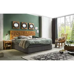 Boxspringbett SIT, grau (dunkelgrau, natur), B:220cm L:205cm, Polyester, Massivholz, Komplettbetten, Boxspringbett, Mit Holz-Mosaik-Kopfteil