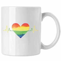 Trendation Tasse Trendation – Regenbogen Tasse Geschenk LGBT Schwule Lesben Transgender Grafik Pride Herzschlag weiß