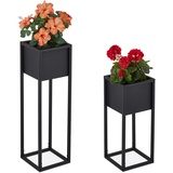 Relaxdays Blumenständer 2er Set, Metall, 2 Größen, mit Gestell, Wohnzimmer & Flur, eckiger Pflanztopfständer, schwarz, Eisen, 70 x 21 cm