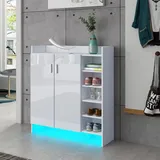 Schuhschrank Flurmöbel 2 Türen mit 4 Verstellbaren Einlegeböden Moderner Hochglanz Schrank Schuhregal Ständer Organizer mit LED-Licht, Weiß