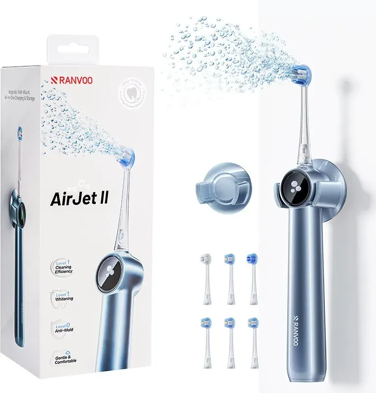 RANVOO AirJet II [New-Gen Jet Clean | Max Zahnsteinentfernung] Elektrische Zahnbürste, MAX Plaque-Entfernung, Zahnaufhellung & Schutz für empfindliches Zahnfleisch, Bis zu 60 Tage Akkulaufzeit, Magnetische induktive Aufladung, Limitierte Startangebot Extra 3 kostenlose Ersatzbürstenköpfe, 3 Original + 3 Bonus, 6 Bürstenköpfe insgesamt für 18 Monate tägliche Nutzung, Hellblau