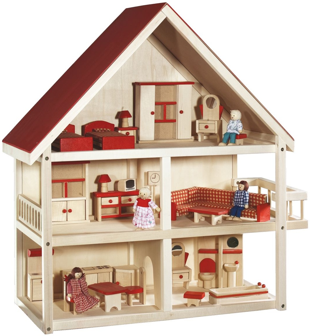 roba Puppenhaus, Puppenvilla inkl. Möbel und Puppen, Mädchen Spielzeug, Holz natur