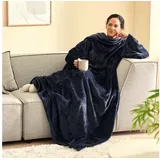 Wolldecke XXL Kuscheldecke mit Ärmeln, 145x195 cm, Wohndecke Unisex, kamelshopping, mit Kängurutasche, waschbar blau