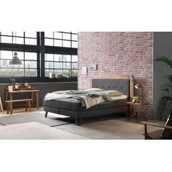 Boxspringbett HASENA "Oakland", schwarz (anthrazit, metall used), B:204cm L:206cm, Komplettbetten, Boxspringbett, Boxspringbett, Industrial Look, Kopfteil aus Wildeiche, Used-Look