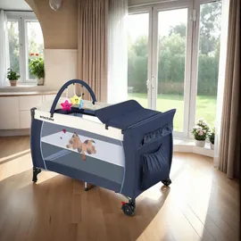 Tectake tectake® Kinder Reisebett, klappbar und höhenverstellbar, 2 Rollen mit Bremsen, inklusive Tragetasche, 132 x 75 x 104 cm
