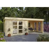 Konifera Gartenhaus KONIFERA "Acrux", beige (natur), Fußboden im Gartenhaus, Rückwand-Seitenwand, ohne Dacheindeckung, Gartenhäuser, mit seitlichem Anbau, Inklusive Fußboden, Topseller