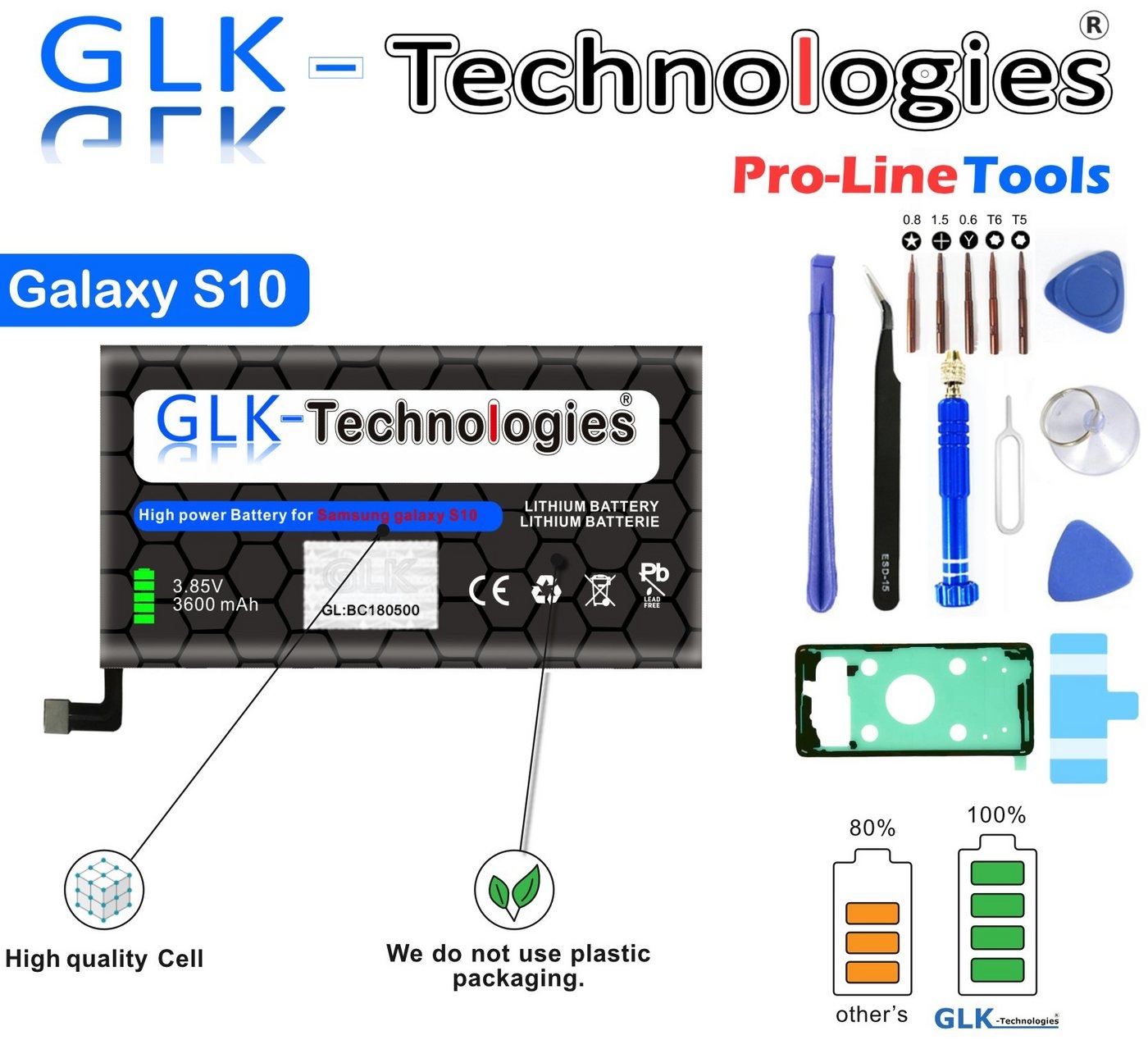 GLK-Technologies High Power Ersatzakku kompatibel mit Samsung Galaxy S10 G973F EB-BG973ABU Smartphone-Akku 3600 mAh (3,85 V)