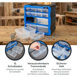HMF Sortimentskasten Kunststoff 26,5 x 26,5 x 16 cm Blau/Schwarz mit 12 Schubladen