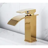 Goldlackierte Wasserfallarmatur Für Aufsatzwaschbecken, Warm- Und Kaltwasser, Badezimmerschrank, Einlocharmatur, Wasserfall-waschtischarmatur, Wasserfall-mischbatterie, Einloch-badezimmerarmatur Aus M