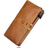 ROULENS Geldbörse Damen, Geldbörse, Leder, Geldbörse, Scheckheft, Kartenhalter für 13 Karten, Echtes braunes Leder, L, RFID Schutz Damen Portemonnaie