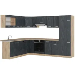 Vicco Eckküche R-Line 287x227 cm Schwarz Beton Eiche mit Arbeitsplatte Eiche
