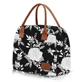 Moyad Mini Kühltasche Klein Lunchtasche Damen Lunchbag Mit Reißverschluss Thermo Lunchbox Kühlbox Für unterwegs Schule Fahrrad Faltbar Wasserdicht 12L Blumen Schwarz