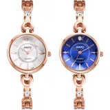 JewelryWe 2pcs Uhren Damen Analog Quarz 30m wasserdichte Armbanduhr Elegant Einfach Strass Metallarmband Beiläufige Uhr Spangenuhr mit rundem Zifferblatt und Uhrenwerkzeug Rosegold Blau/Weiß