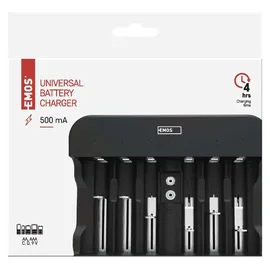 EMOS Akku-Ladegerät NiMH, NiCd für 6 Akkus, Schnell-Ladegerät 500 mA, für 1-6x AAA, AA, C, D, 9 V aufladbare Batterien, inkl. USB-C Kabel, Akkuschutz, Sicherheitsfunktionen