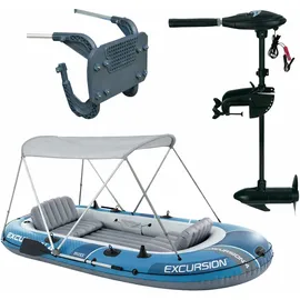 Intex Schlauchboot Excursion 4 Blau inkl. Außenbordmotor, Pumpe, Verdeck und Alu-Paddel