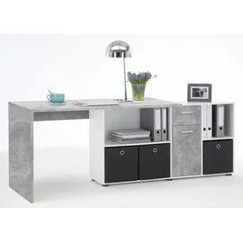 FMD Eckschreibtisch FMD "Lexo", grau (betonfarben, weiß), B:136cm H:74cm T:66,5cm, Tische, Eckschreibtisch, Schreibtisch/Sideboard viel Stauraum, beidseitig montierb., 136/205 cm