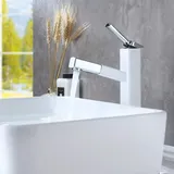 KAIYING Badezimmer Pull Down Vessel Spüle Wasserhahn, Einloch Waschbecken Wasserhahn mit herausziehbarem Sprüher, Einhandgriff Utility Mischbatterie mit drehbarem Auslauf (hoch, chrom und weiß)