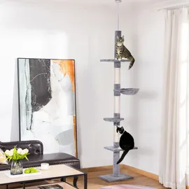 PawHut Kratzbaum Deckenhoch höhenverstellbar, stabiler Katzenbaum mit Sisalsäulen, Katzen Kletterbaum, Grau, 40 x 34 x 230-260 cm